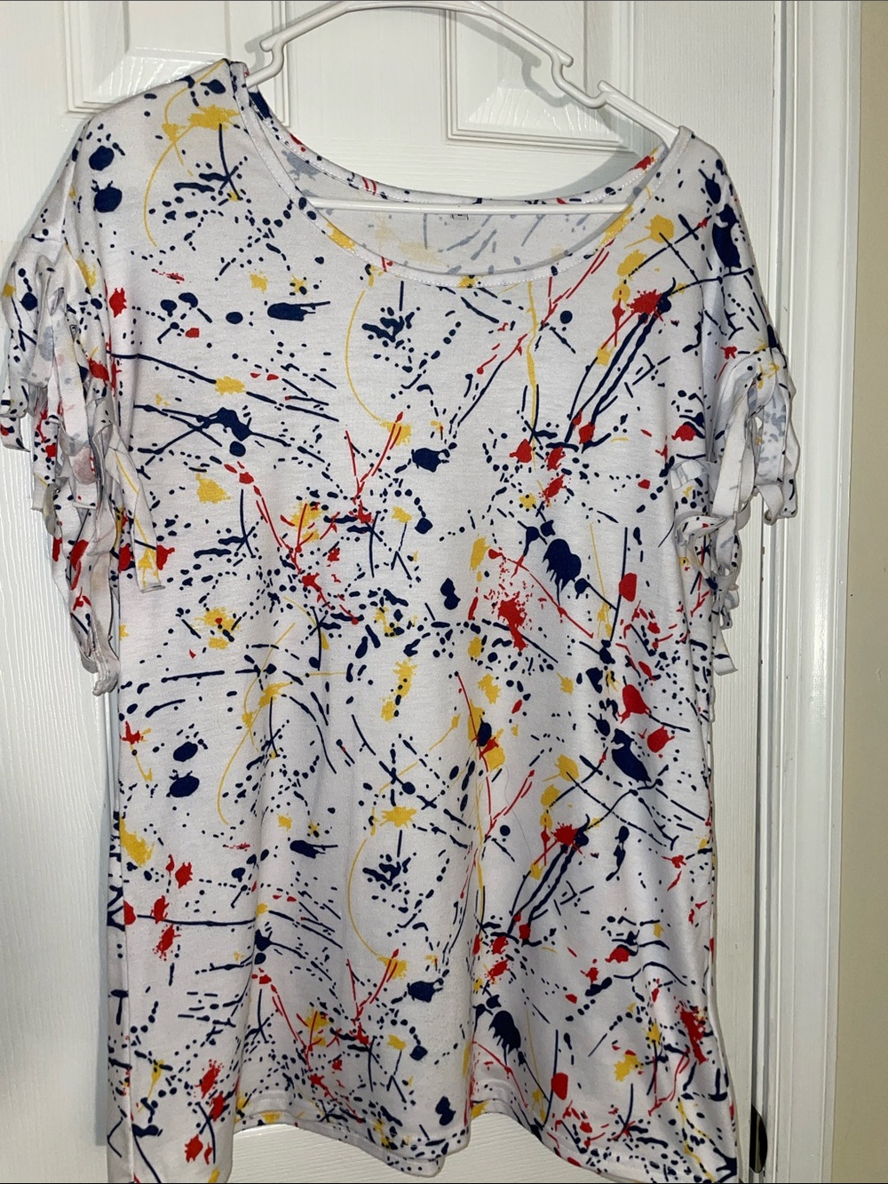 Playful Paint Splotches White Tee with Fringed Sleeves 21.5” X 28” L